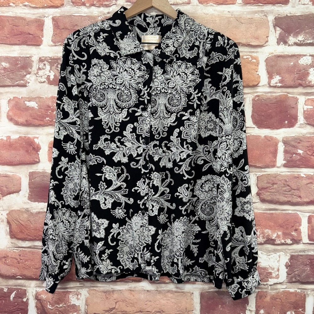 Vintage Pendleton Top Women's 20 Tall Black White Boho Floral Paisley Shirt